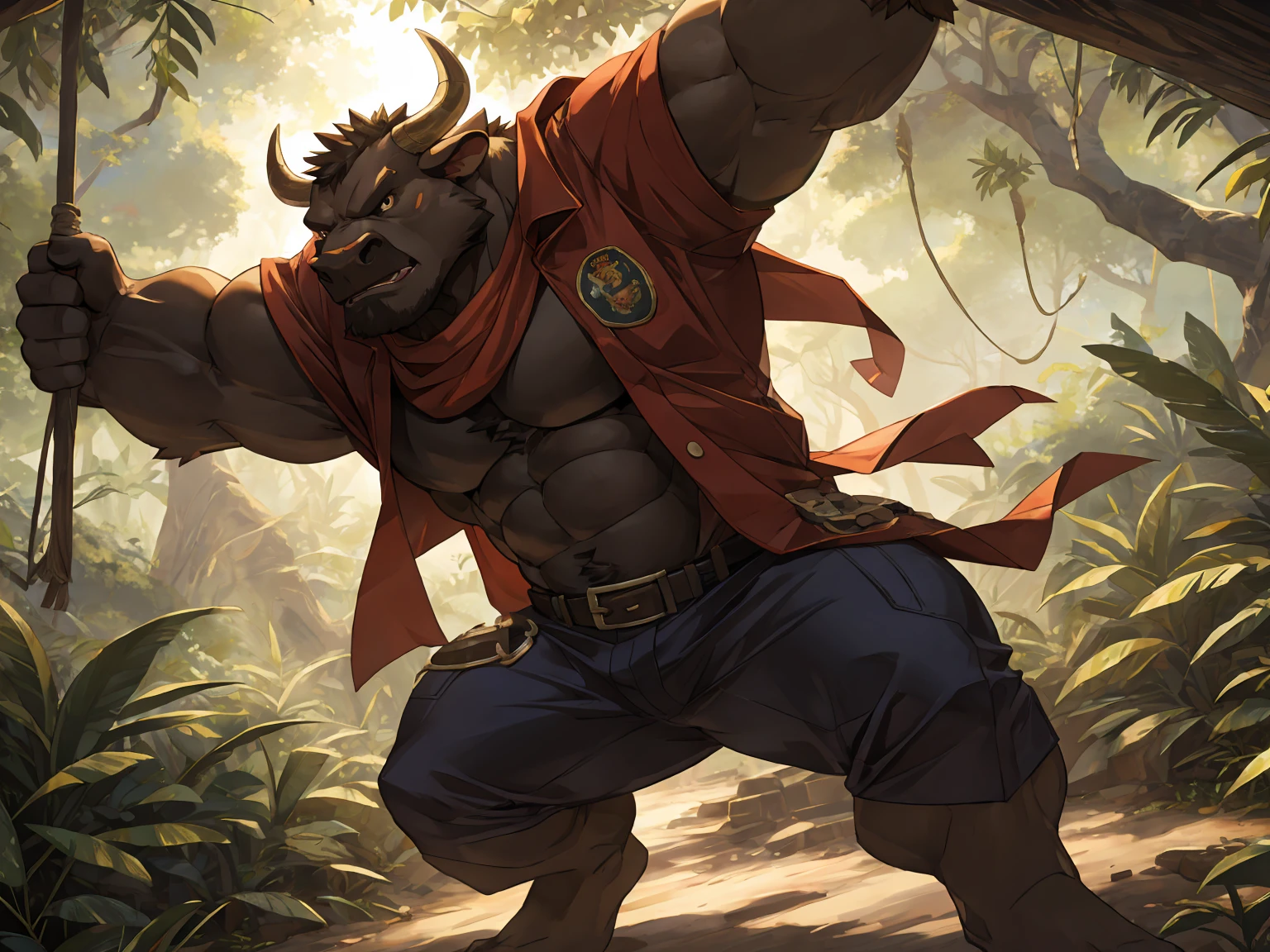 deep brown bull, red scarf, jungle, seasoned, Fierce expression, Cold expression, Dynamic Lighting, Vibrant colors, open shirt, tight-fitting adventurer clothes, leaning on a tree, masterpiece, (16K), HD, Various facial details, detailed background, very detailed, dynamic poses, Eyes details, high resolution, high quality, correct anatomy, cartoon, solo, by zixiong, throw, pitching motion