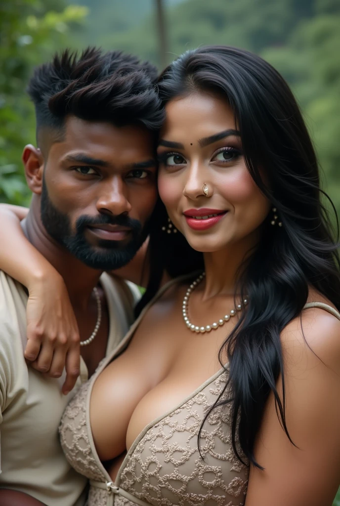Indian sexy girl wearing top and shorts jeans. Huge breast, huge ass, she showing sexy legs, with 1 Indian boy wear kurta. Boy sitting in chair and girl sitting on boy's Lap.Hyper realistic super high quality detail image.