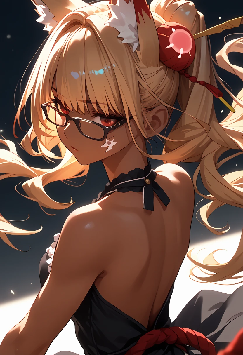  dark skin ,  hair covers the eye, rpg, sperm, bare shoulders ,  1 girl fights,  long golden hair, 4K,  red eyes  , , fox ears,  duration, hair template ,   red stripes on face,  compose,  black mascara , cutout,  unbuttoned buttons , sleeveless, brassiere, short dress, ,  glasses , at school, rear view