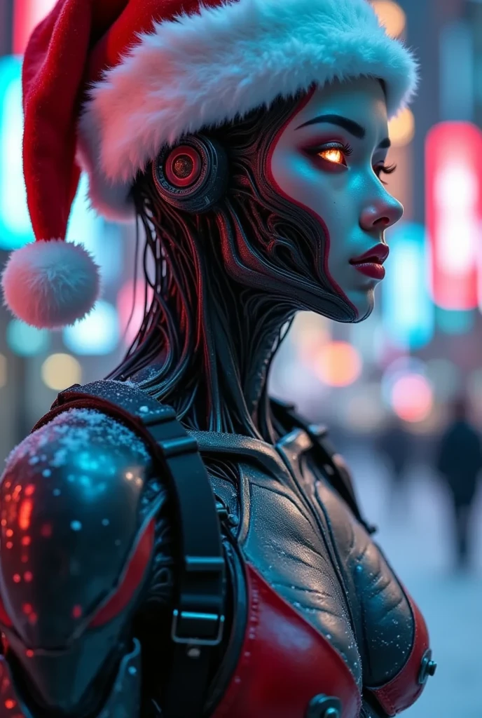 （ are of the best quality）、（masterpiece）、Santa hat，A person wearing a cyberpunk costume, Chest, Porcelain Face, Components, cyberpunk,Anatomical, Facial muscles, Cables and wires, Microchip, vibrant colors、Dynamic Lighting、neon、Shining city skyline、 a combination of traditional and modern elements 、 Confidence and determination 、heavy snow、Metal、 mechanical armor 、Gorgeous accessories 、Clarify the focus、Film Rim Light、Fine light、Epic Works， very detailed ( actual , photo- actual :1.37), are amazing