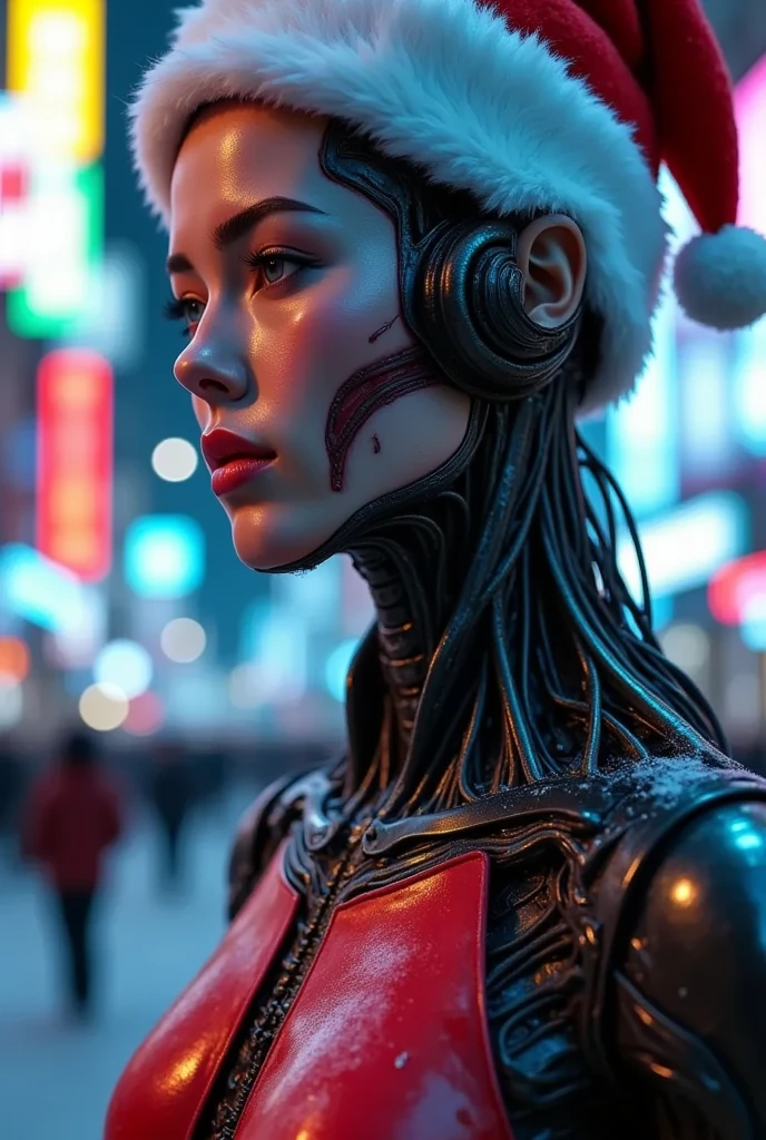 （ are of the best quality）、（masterpiece）、Santa hat，A person wearing a cyberpunk costume, Chest, Porcelain Face, Components, cyberpunk,Anatomical, Facial muscles, Cables and wires, Microchip, vibrant colors、Dynamic Lighting、neon、Shining city skyline、 a combination of traditional and modern elements 、 Confidence and determination 、heavy snow、Metal、 mechanical armor 、Gorgeous accessories 、Clarify the focus、Film Rim Light、Fine light、Epic Works， very detailed ( actual , photo- actual :1.37), are amazing