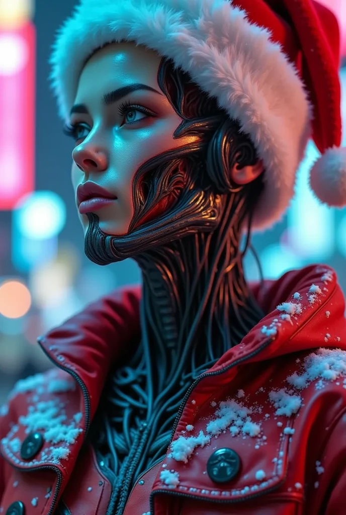 （ are of the best quality）、（masterpiece）、Santa hat，A person wearing a cyberpunk costume, Chest, Porcelain Face, Components, cyberpunk,Anatomical, Facial muscles, Cables and wires, Microchip, vibrant colors、Dynamic Lighting、neon、Shining city skyline、 a combination of traditional and modern elements 、 Confidence and determination 、heavy snow、Metal、 mechanical armor 、Gorgeous accessories 、Clarify the focus、Film Rim Light、Fine light、Epic Works， very detailed ( actual , photo- actual :1.37), are amazing