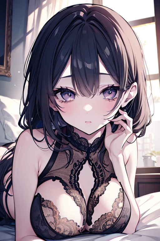 ((8K resolution))、((highest quality))、((masterpiece))、((Super detailed))((((dramatic))), (anatomically correct)、one woman、28 years old,thin,very short hair,pixie cut ,black hair, jagged teeth、double teeth、mouth is slightly open、blushed、half closed eyes,thin bear、small breasts、small nipples、white t-shirt、No underwear、tattoo、navel piercing、pubic hair,pussy,(theme、whole body)、Bedroom,on the bed, Liar,behind,