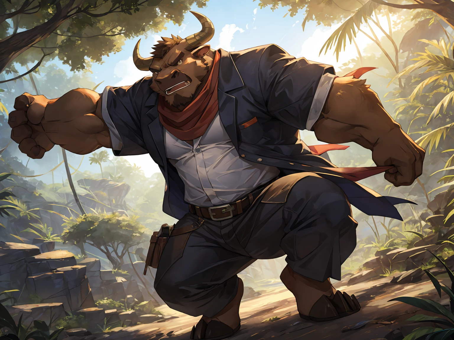 deep brown bull, red scarf, jungle, seasoned, Fierce expression, Cold expression, Dynamic Lighting, Vibrant colors, open shirt, tight-fitting adventurer clothes, leaning on a tree, masterpiece, (16K), HD, Various facial details, detailed background, very detailed, dynamic poses, Eyes details, high resolution, high quality, correct anatomy, cartoon, solo, by zixiong, throw, pitching motion