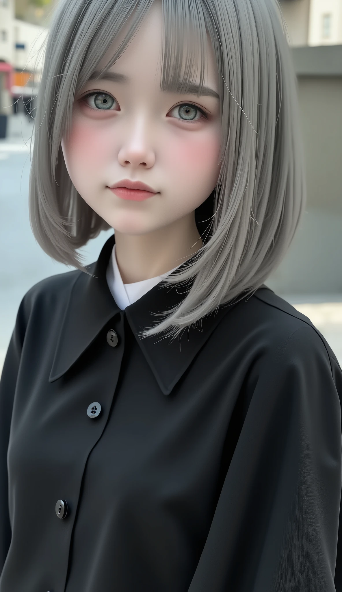 ((wallpaper 8k)), ((   surreal)), ((   Quality that shines with attention to detail:1.2)),    1 girl, １４、Kind eyes、      plump lips  、 Grey Hair 、Fatigue、(((   small breasts)))、Black Classy Dress   ,   black capelet   ,    looks up, Widespread poverty, (((    short bob、 Grey Hair :1.5)))、   white skin、  plain background 