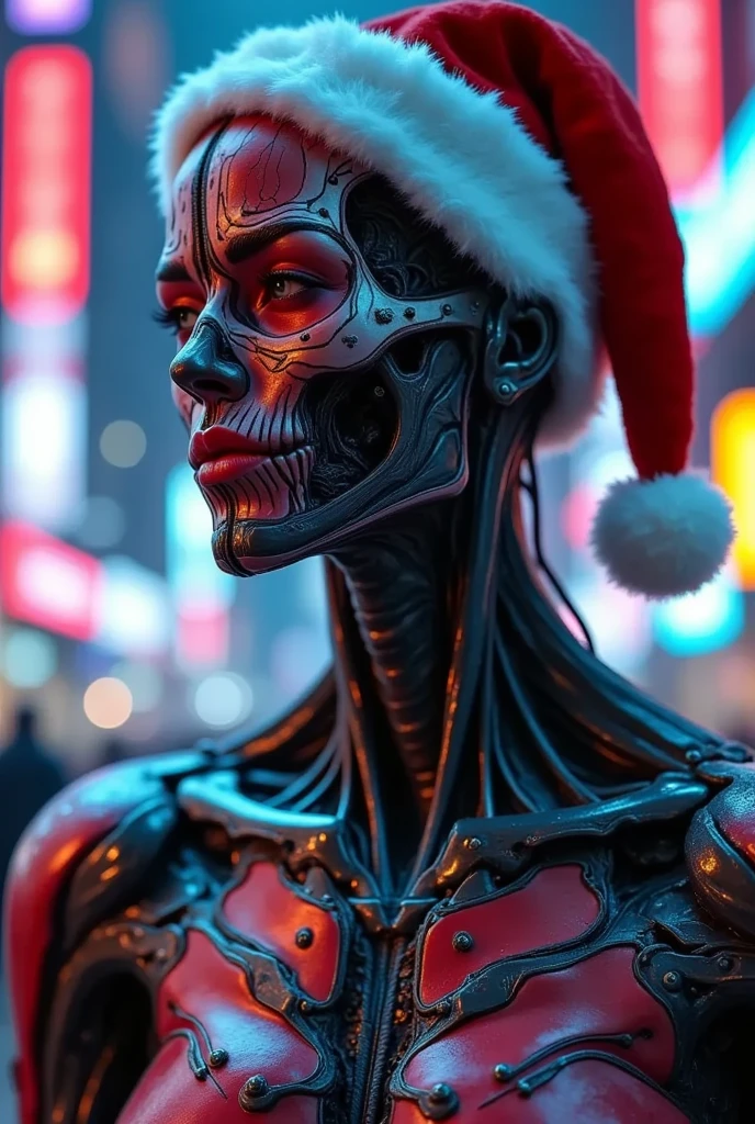 （  is the best quality ）、（masterpiece）、Santa hat，A person wearing a  cyberpunk costume, Chest, Porcelain Face, component,  cyberpunk,Anatomical, Facial muscles,  cables and wires , Microchip, vibrant colors、Dynamic Lighting、neon、Shining city skyline、  Combining traditional and modern elements  、  Confidence and determination  、heavy snow、Metal、  mechanical armor  、Gorgeous accessories  、Clarify the focus、Film Rim Light、Fine light、Epic Works，  Very detailed  ( actual , photo- actual :1.37), marvelous