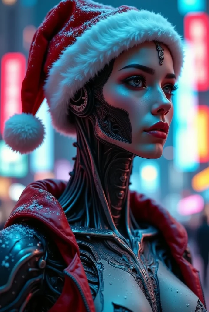 （  is the best quality ）、（masterpiece）、Santa hat，A person wearing a  cyberpunk costume, Chest, Porcelain Face, component,  cyberpunk,Anatomical, Facial muscles,  cables and wires , Microchip, vibrant colors、Dynamic Lighting、neon、Shining city skyline、  Combining traditional and modern elements  、  Confidence and determination  、heavy snow、Metal、  mechanical armor  、Gorgeous accessories  、Clarify the focus、Film Rim Light、Fine light、Epic Works，  Very detailed  ( actual , photo- actual :1.37), marvelous