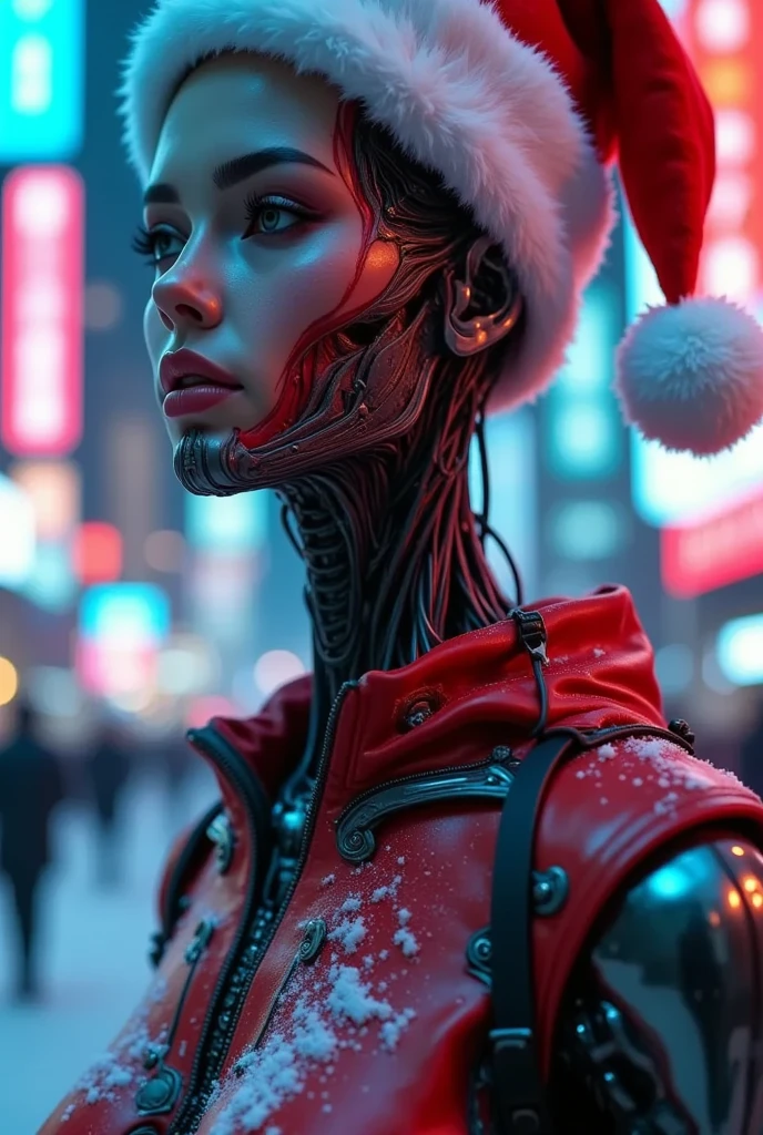 （  is the best quality ）、（masterpiece）、Santa hat，A person wearing a  cyberpunk costume, Chest, Porcelain Face, component,  cyberpunk,Anatomical, Facial muscles,  cables and wires , Microchip, vibrant colors、Dynamic Lighting、neon、Shining city skyline、  Combining traditional and modern elements  、  Confidence and determination  、heavy snow、Metal、  mechanical armor  、Gorgeous accessories  、Clarify the focus、Film Rim Light、Fine light、Epic Works，  Very detailed  ( actual , photo- actual :1.37), marvelous