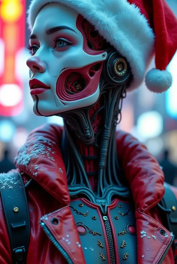 （  is the best quality ）、（masterpiece）、Santa hat，A person wearing a  cyberpunk costume, Chest, Porcelain Face, component,  cyberpunk,Anatomical, Facial muscles,  cables and wires , Microchip, vibrant colors、Dynamic Lighting、neon、Shining city skyline、  Combining traditional and modern elements  、  Confidence and determination  、heavy snow、Metal、  mechanical armor  、Gorgeous accessories  、Clarify the focus、Film Rim Light、Fine light、Epic Works，  Very detailed  ( actual , photo- actual :1.37), marvelous