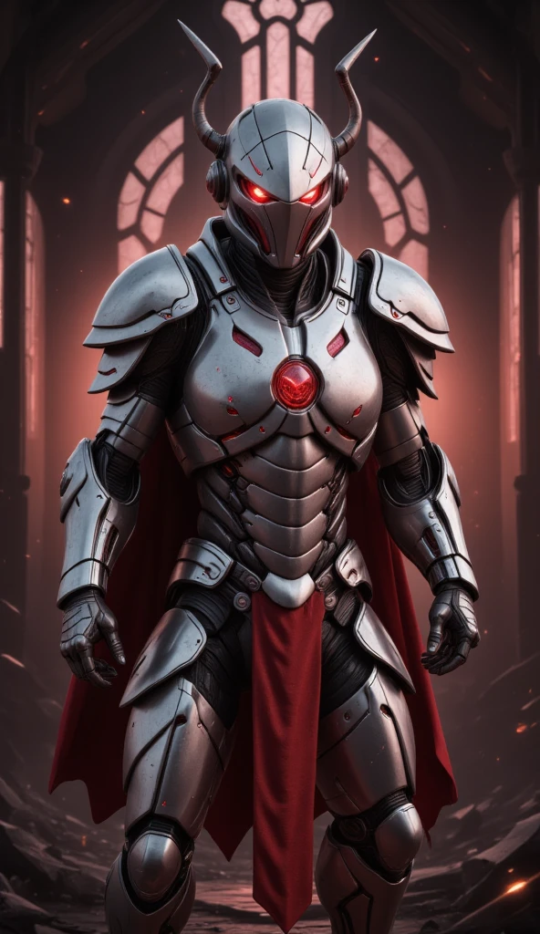  is possessed by a demon, a holy knight commander.A full-body image of an adult male . muscular body . wearing sacred white gold holy knight armor . Eyes Deep Red . standing inside a mysterious black and red church.Bold composition .COUNTLESS KNIGHT FOLLOWERS. full body image A deep red glow in the eyes。 He boldly stands in a mysterious black and red church ， composition underlines his majestic presence 。 lights are very striking ， shadows cast by him highlight his armor and the church's bizarre atmosphere ，Mecharobot，robot，Mecha， Cyberpunk 