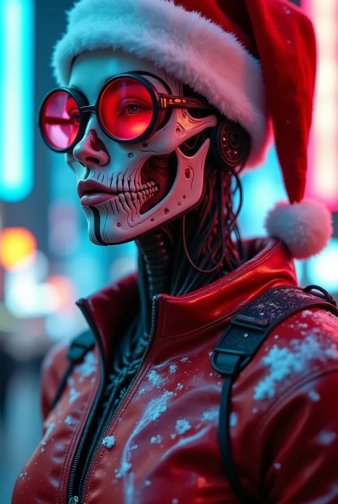 （ best quality）、（masterpiece）、Santa hat，一个女孩穿着 cyberpunk服装, Chest, Porcelain Face, Components,  cyberpunk,Anatomical, Facial muscles, Cables and wires, Microchip, vibrant colors、Dynamic Lighting、neon、Shining city skyline、  a combination of traditional and modern elements 、 Confidence and determination 、heavy snow、Metal、 mechanical armor 、Gorgeous accessories 、Clarify the focus、细节、Film Rim Light、Fine light、Epic Works， Very detailed  ( actual , photo- actual :1.37), are amazing, 细节