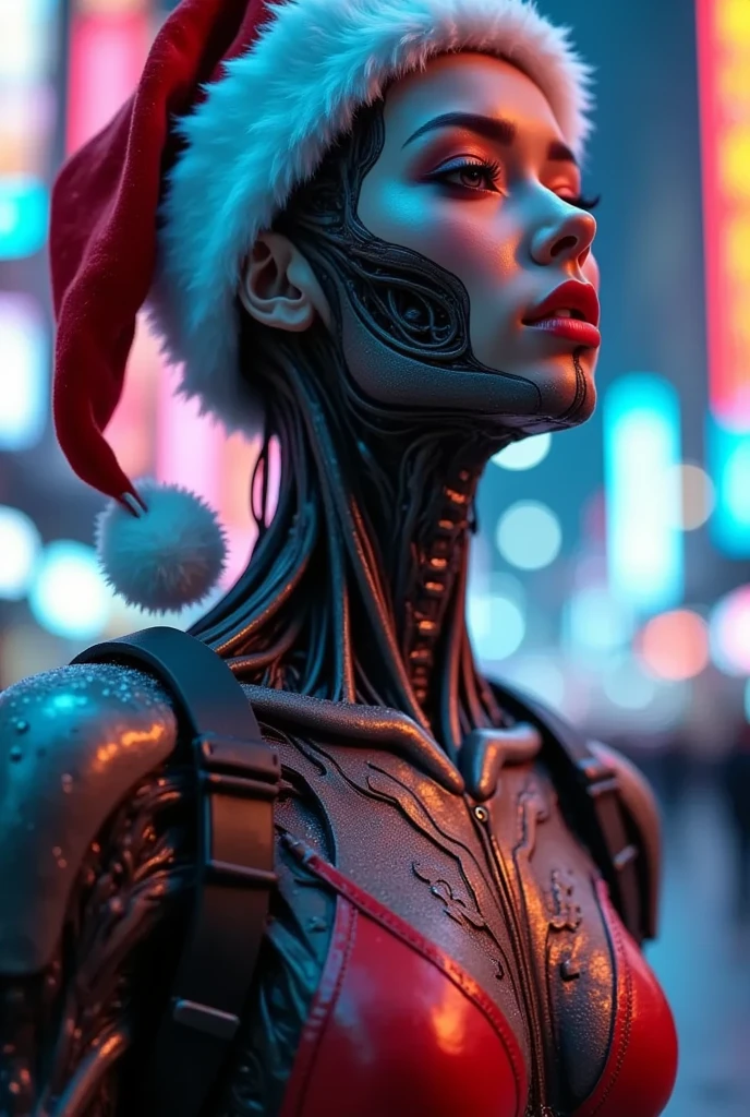 （ best quality）、（masterpiece）、Santa hat，一个女孩穿着 cyberpunk服装, Chest, Porcelain Face, Components,  cyberpunk,Anatomical, Facial muscles, Cables and wires, Microchip, vibrant colors、Dynamic Lighting、neon、Shining city skyline、  a combination of traditional and modern elements 、 Confidence and determination 、heavy snow、Metal、 mechanical armor 、Gorgeous accessories 、Clarify the focus、细节、Film Rim Light、Fine light、Epic Works， Very detailed  ( actual , photo- actual :1.37), are amazing, 细节