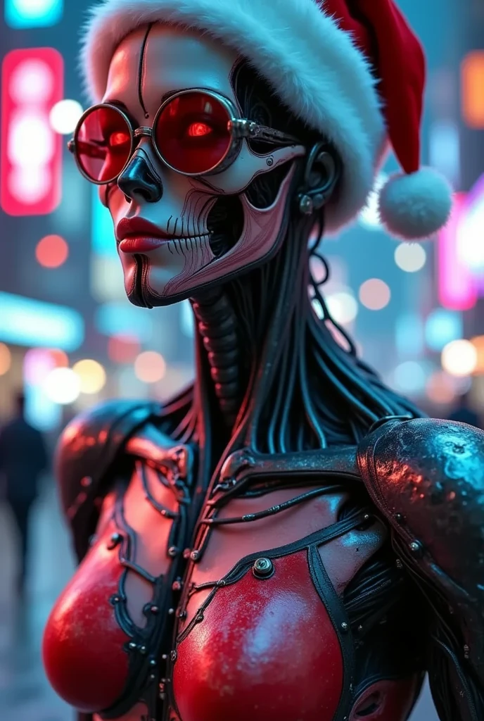 （ best quality）、（masterpiece）、Santa hat，一个女孩穿着 cyberpunk服装, Chest, Porcelain Face, Components,  cyberpunk,Anatomical, Facial muscles, Cables and wires, Microchip, vibrant colors、Dynamic Lighting、neon、Shining city skyline、  a combination of traditional and modern elements 、 Confidence and determination 、heavy snow、Metal、 mechanical armor 、Gorgeous accessories 、Clarify the focus、细节、Film Rim Light、Fine light、Epic Works， Very detailed  ( actual , photo- actual :1.37), are amazing, 细节