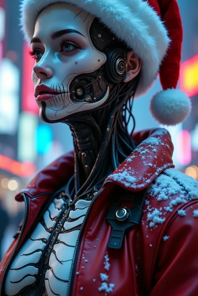 （ best quality）、（masterpiece）、Santa hat，一个女孩穿着 cyberpunk服装, Chest, Porcelain Face, Components,  cyberpunk,Anatomical, Facial muscles, Cables and wires, Microchip, vibrant colors、Dynamic Lighting、neon、Shining city skyline、  a combination of traditional and modern elements 、 Confidence and determination 、heavy snow、Metal、 mechanical armor 、Gorgeous accessories 、Clarify the focus、细节、Film Rim Light、Fine light、Epic Works， Very detailed  ( actual , photo- actual :1.37), are amazing, 细节