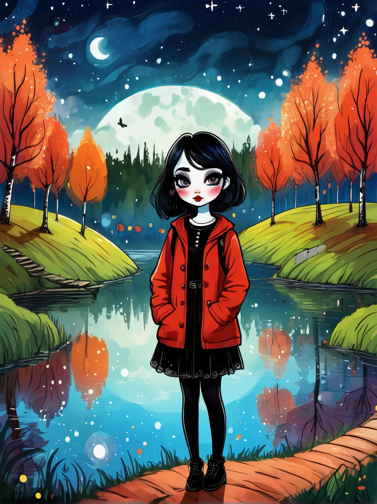 Cartoon hand drawn, 1girl, solo, Cute young attractive girl，Strong Gothic makeup, A village by the lake with a birch forest and an apple orchard，Starry nights，Gloomy and foggy atmosphere，The cute absurdity、The attraction and rejection of extraordinary appearance，Magical naive art，Bright blue and green，The color palette is in red, orange and black tones and has a sketchy style, The background should have a simple hand-drawn doodle pattern, 1shxx1