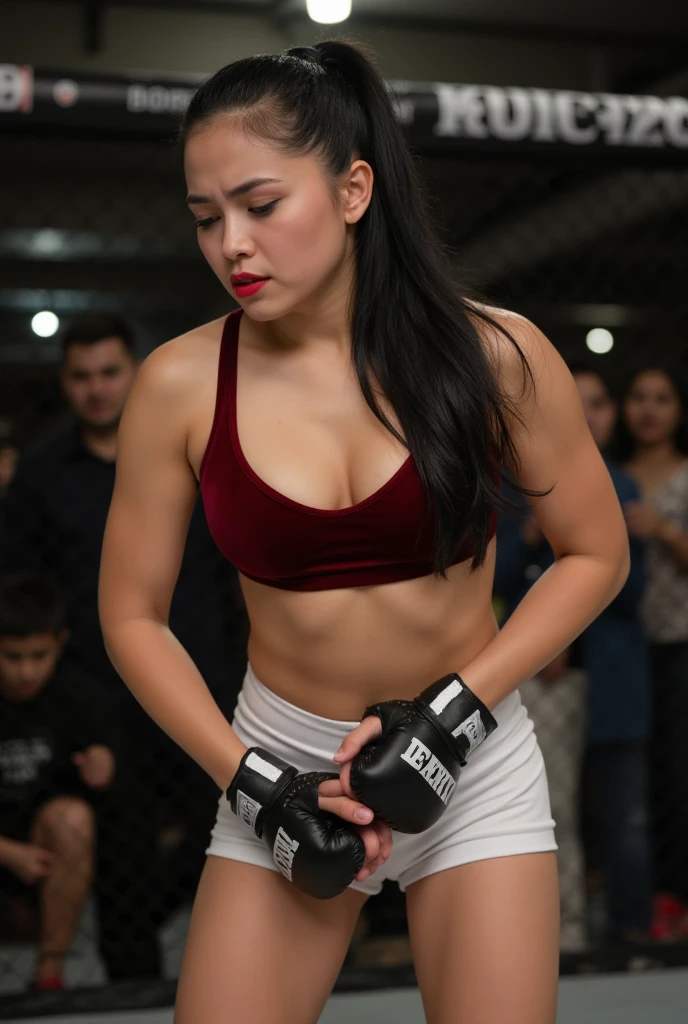 Highly detailed CG Unity 8k wallpaper, masterpiece, realistic, (Beautiful 26 year old cute Korean girl Ji-Eun Kim, she has a serious expression look ready to kill, wearing tight gym shorts and boxing gloves:1.1, standing), ((topless:1.1, perfect small breasts, nipples, NSFW)), (muscular body, ripped abs, sweaty), (private dark boxing ring:1.1), (full body:1.1)