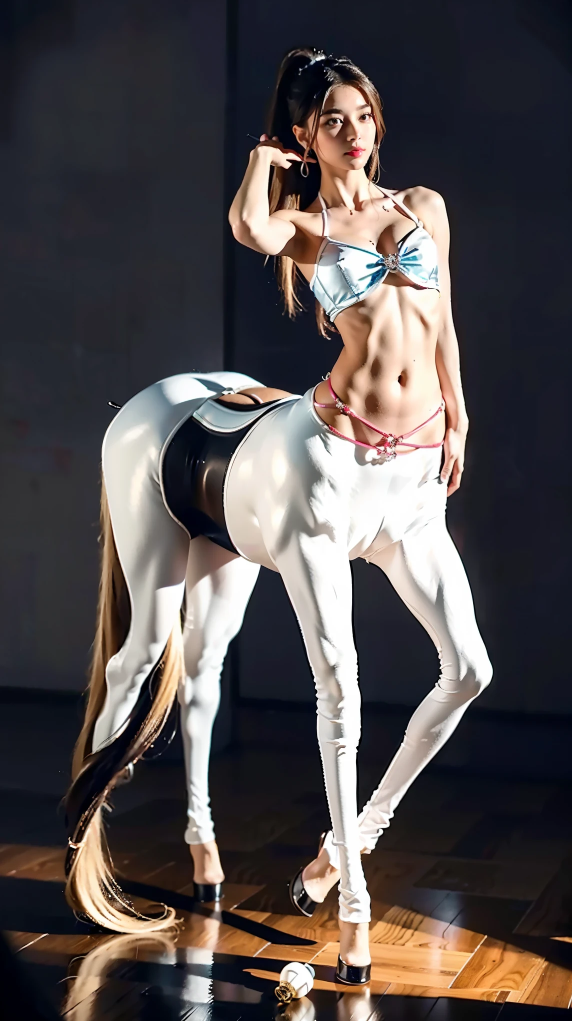 A female centaur,She is famous in the multiverse,She is both a female centaur, half human, half horse, half horse,It is also a female Yingzhao。She blends both images,The first is the head of a horse/neck/Shoulder these parts,After feminization,The upper body transforms into a beautiful female human,Female, half-centaur, half-human, half-horse, half-human,The second is the waist of the horse/hason/gluteal/Legs feminine,Female half-horse with beautiful woman's,Chimer,It's like a female human wearing a half-horse-like costume and making a seamless chimera,This chimerization is based on powerful futuristic technology。The ultra-wide-angle lens captures the image of her beautiful and ethereal wings on the ionosphere launching a super-high-speed charge and leaping。Her front half is distinctly feminine,Tall sexy body,Has K cup teardrop-shaped giant tit chest,It has a small man's waist butterfly spanning long legs,The half-horse part of the hind body,Embedded interface at the hip position。Her horse-shaped part has female physiology and ergonomics on both the half-horse torso and hips and legs。The chest cavity of a woman in the shape of a bent dog style embedded in the lower back position of the beautiful woman's body starting from the upper part of the sternum/lower back/Ventral transverse。Then there are the sexy beauty's upright hips,Her entire body has been completely feminized,Including the half-horse part。Mechanized armor covers the legs with knee-shaped anti-joints and feet,And these parts are highly anthropomorphic,This makes her legs graceful and slender,Her four horse legs exploded in length proportions and was slender and toned,Under the legs are skinny white feet dressed in Skyscraper Heels,Use Midjourney's advanced stroke tools and color palettes, as well as texture packs, model packs, and texture tools,Concentration,Include all parts of her original horse physiology including fur/Waist and abdomen/Hip legs/Leg Capital Feminization,And give these parts a correspon