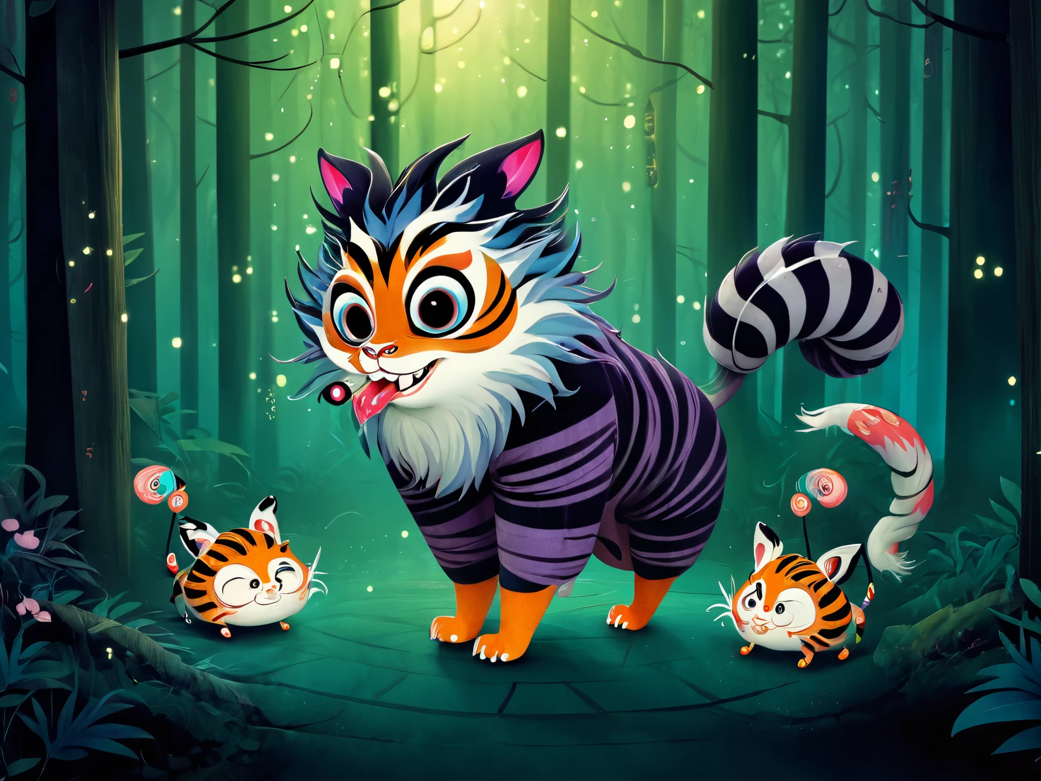 Create a stylized, cartoonish illustration of the legendary Japanese yokai Nue. The creature combines whimsical and slightly spooky features: a mischievous monkey's face with exaggerated expressions, a fluffy tanuki (Japanese raccoon dog) body, tiger paws with bold stripes, and a playful snake tail curling around. The overall design is cute yet eerie, with big, expressive eyes and a cheeky grin. Set the scene in a moonlit, slightly misty Japanese forest with soft, glowing light filtering through the trees. The atmosphere is mysterious but not overly dark, with hints of magic like small floating lanterns or glowing fireflies. Use a soft, pastel color palette with blues, greens, and earth tones to create a friendly yet mystical vibe. The style resembles Japanese anime or ren's book illustrations, focusing on smooth lines and simplified, rounded shapes.
