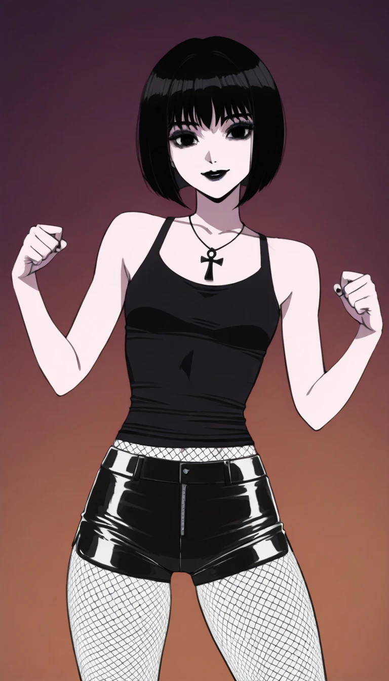 Snow-white-skinned goth woman with long black hair,  wearing short tight black legging shorts , And half a black fishnet ,  black lips black eyes ,  black tank top wearing ankh necklace , happy, Doing sexy anime-style pose