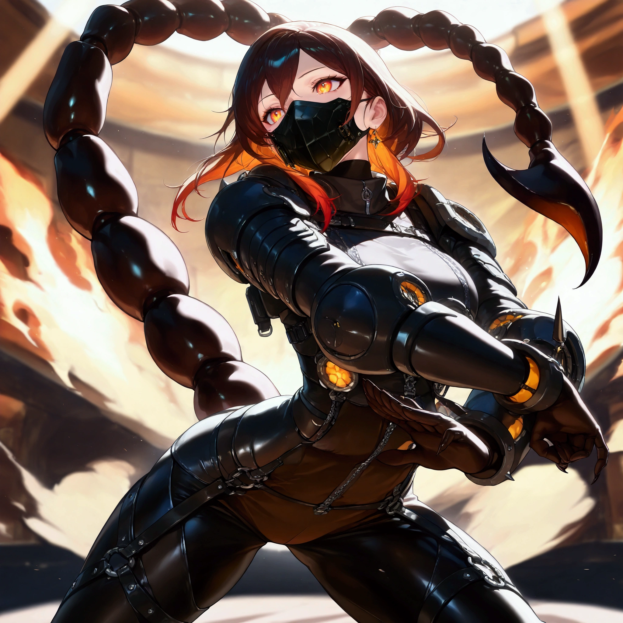 cowboy shot, Scorpion girl, scorpion tail, mouth mask, exoskeleton, fantasy, Divine light, jack o challenge pose, (best quality,4k,8k,highres,masterpiece:1.2),ultra-detailed,intricate details, high fashion, dramatic lighting, warm colors, chiaroscuro