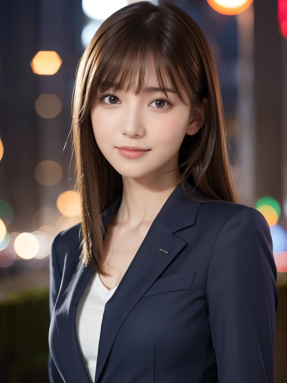 ((Best Quality, 8k, Masterpiece: 1.3)), 1 girl, smile, full body, slim face, pretty woman, short dark brown hair, white crisp shirt on upper body, black straight suit pants on upper body, high heels, super detailed face, detailed eyes, double eyelids, blurred background, slim face, tall building white coat suit clear face
