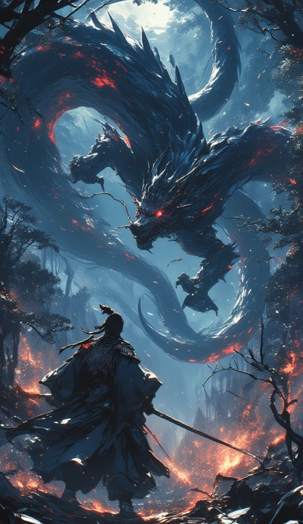 a man standing in front of a giant dragon with fire coming out of it, man with the soul of a dragon, god of dragons, human and dragon fusion, anime epic artwork, battle with dragon, symmetrical epic fantasy art, dragon in the background, nine tails, by Yang J, dragon centered, dragon art, anime fantasy illustration, anime fantasy artwork