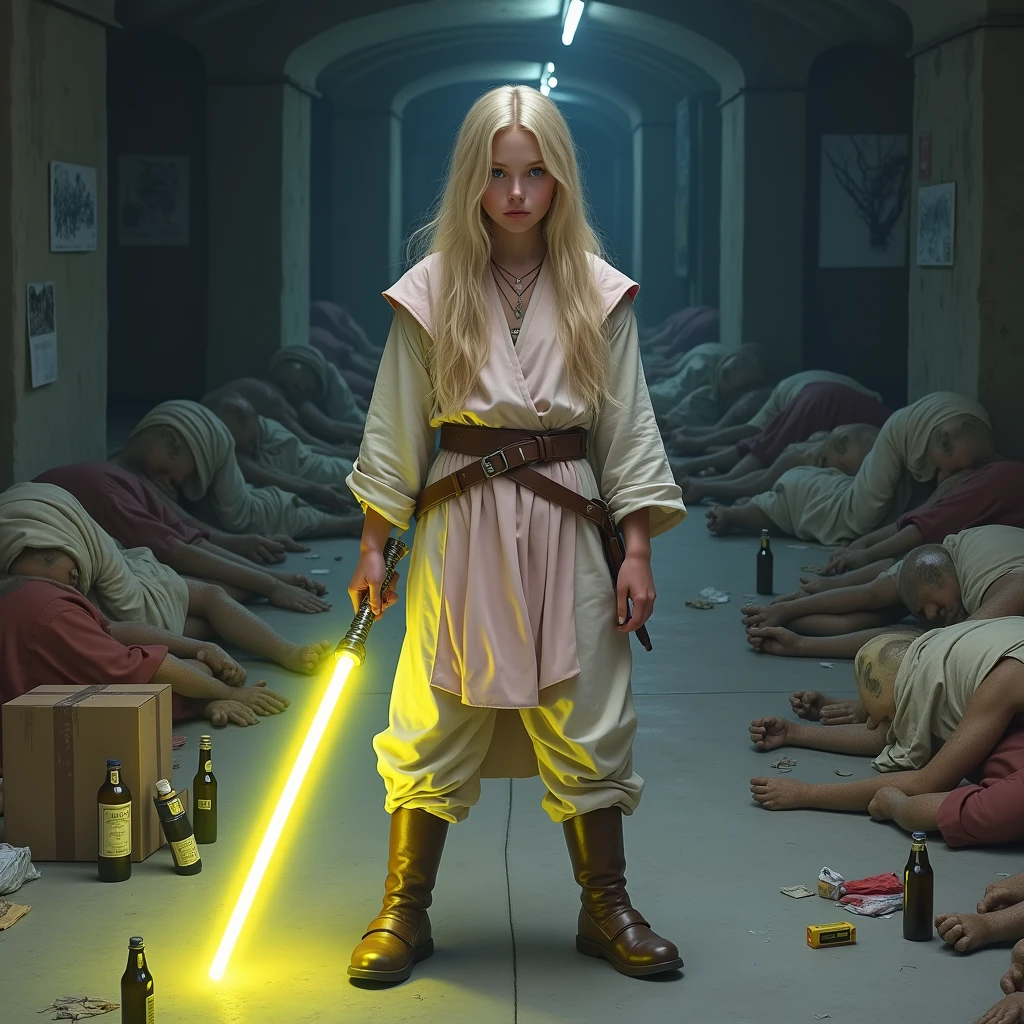 RUSSIAN CHILD GIRL WITH 10 YEARS OLD WITH LONG STRAIGHT BLONDE HAIR, PORTRAIT STYLE, CLOSEUP standing in a tunnel with a red lightsaber, 4K lightsaber wallpaper, digital art