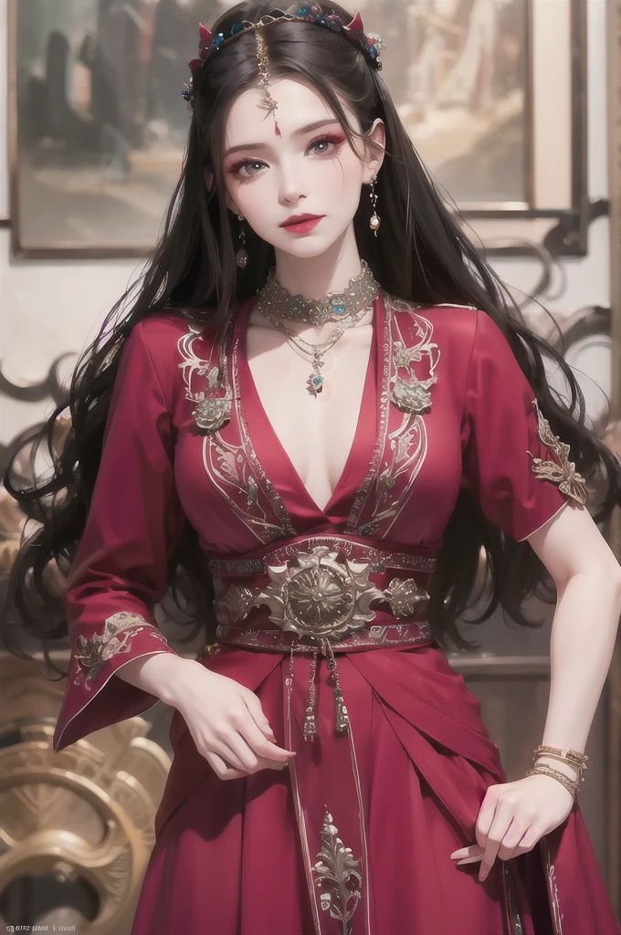 best quality, masterpiece, highres, official art, extremely detailed cg unity 8k wallpaper, 1girl, long hair, jewelry, solo, earrings, hair ornament, makeup, realistic, (((purple dress))), necklace, full body