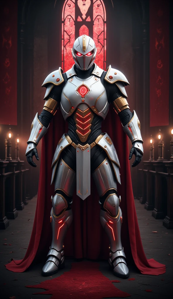  is possessed by a demon, a holy knight commander.A full-body image of an adult male . muscular body . wearing sacred white gold holy knight armor . Eyes Deep Red . standing inside a mysterious black and red church.Bold composition .COUNTLESS KNIGHT FOLLOWERS. full body image A deep red glow in the eyes。 He boldly stands in a mysterious black and red church ， composition underlines his majestic presence 。 lights are very striking ， shadows cast by him highlight his armor and the church's bizarre atmosphere ，Mecharobot，robot，Mecha， Cyberpunk 