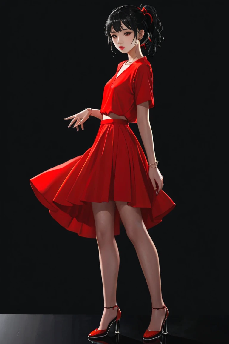 a , small, whole body, standing on her feet, low water, youthful appearance, twintails, makeup, mascara, Lips are soft or colored,  simple black background ,  Minimalism, monotone, simple color palettes, clean, Crisp drawings, fluid silhouettes, red, Skirts , vestidos simples red, shirts and blouses, asymmetric, geometric,  Elegant and luxurious materials and designs , Simple and minimalist accessories, Necklaces and thin rings in silver or gold, Simple bracelets, different Designs, simple silhouettes,  simple and sophisticated style , elegence,  Minimalism,  high quality materials , Fresh and urban printing, high fashion, Simplicity and sophistication, red, Red color, sexy, thin,  short clothes, tattoos