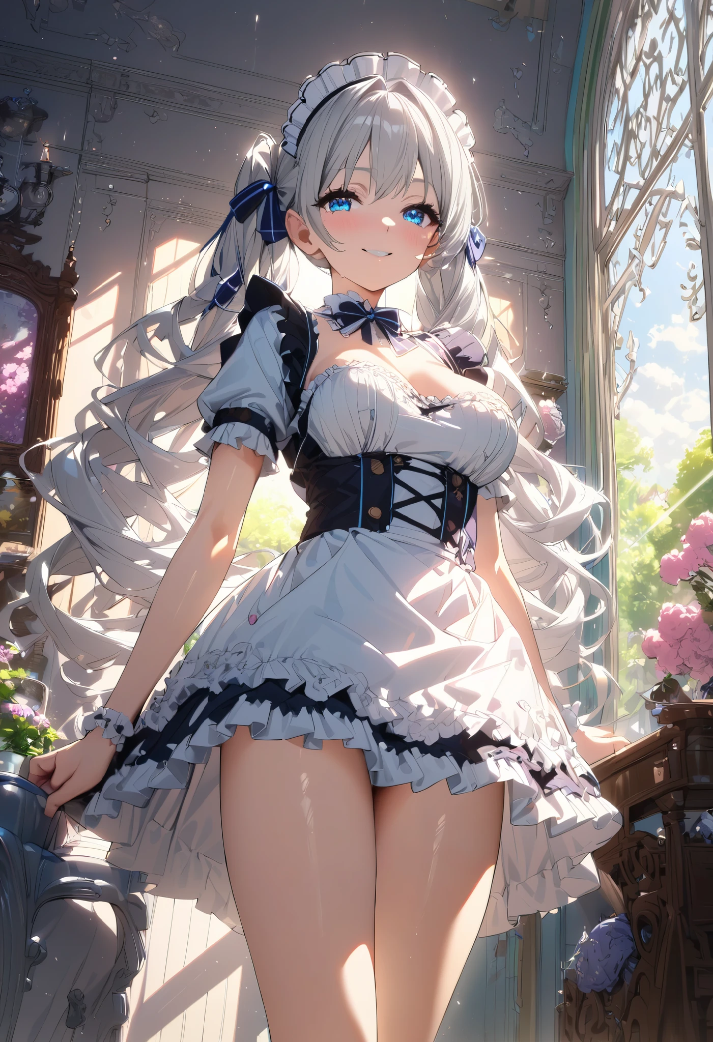 ((moe anime character)), ((ultra-detailed)), (highly detailed CG illustration), (best quality:1.2),  ultra-,highly detailed,colorful composition,artistic photoshoot, 1girl, solo focus, cute maid girl, anime 'spirit chronicles' seria Claire, wearing a frilly maid outfit,  (silver hair color:1.3), twintail hair, blue eyes, pink cheek, nsfw, exposed chest, revealing maid uniform and maid headdress and glasses,  Look at the viewer as if you were looking at someone you love, cowboy shot, standing by the window in a room decorated in rococo style, Portrait,depth of field, soft lighting, sidelighting, (shine), lighting, ray tracing, smile, perfect face, lustrous skin,  highly detailed face, highly detailed eyes , perfect face, perfect nose, perfect hair, perfect eyes, beautiful hair, beautiful face, extremely detailed face, beautiful detailed eyes, beautiful clavicle, beautiful body, beautiful large breasts, beautiful thigh, beautiful legs, beautiful fingers, lovely, (very detailed background:1.0),(highly detailed background:1.0),spring aesthetic, intricate details, joyful atmosphere, spring colors palette, chromatic aberration