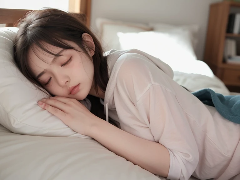  1 girl , Deep sleep、 closed eyes,  opens her mouth slightly ,  frowns,  high definition ,  anatomically correct,  High Quality ,  high detail,  High Definition Model ,  High Quality , 20 year old girl、Sleeping Position、 hoodie、whole body、太もも