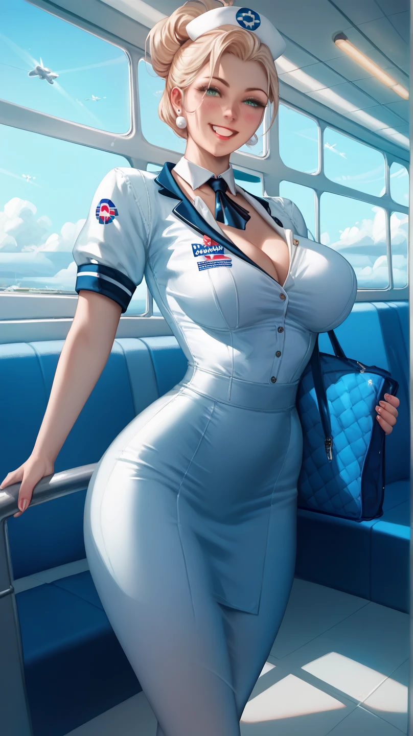 A beautiful female airplane hostess, standing inside the plane aisle seat, greet with a smile 