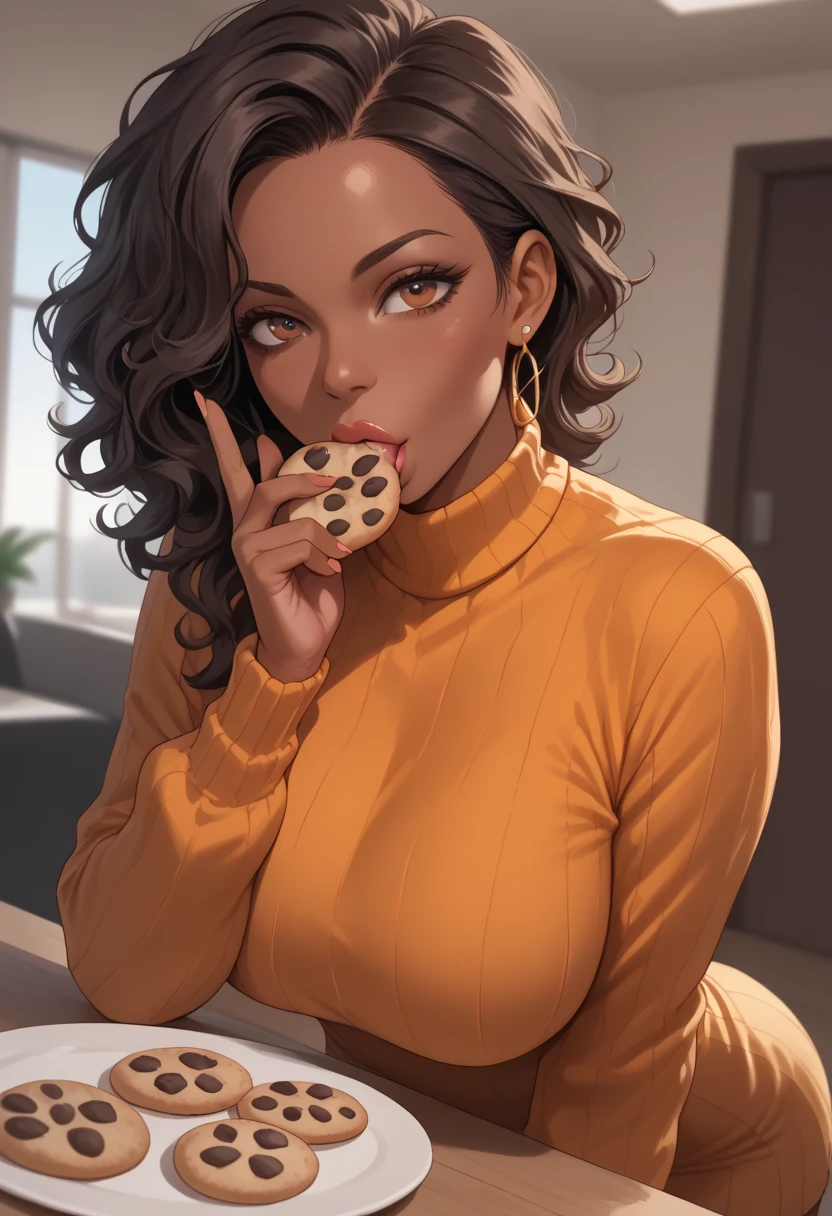 Almond-eyed Dark Mocha-skin tonned African-American woman with SHORT dark curly hair, juicy lips, and a large chest. She is bent over with her breast in the foreground, eating a cookie. She is wearing burnt orange sweater dress. she is in her bedroom 