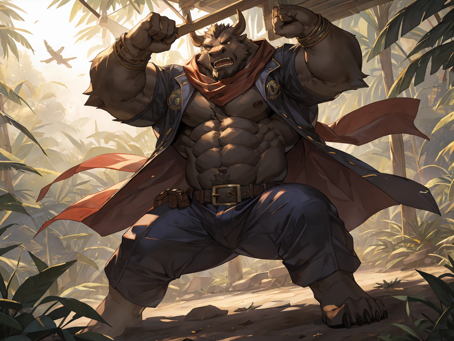 brown bull, red scarf, jungle, seasoned, Fierce expression, Cold expression, Dynamic Lighting, Vibrant colors, open shirt, tight-fitting adventurer clothes, masterpiece, (16K), HD, Various facial details, detailed background, very detailed, dynamic poses, Eyes details, high resolution, high quality, correct anatomy, pitching stance, solo, by lindong, by null-ghost