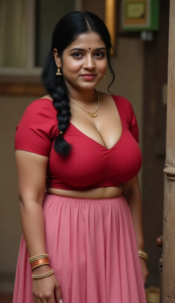  indian chubby woman is wearing a full pink long skirt, village forest hut, red satin Hook blouse,big Deep cleavage,big sexy chest,big boobs,detailed body and face, big bright eyes, charming, sexy, perfect anatomy, braid hair, detailed background, 8k,big chest, from above 