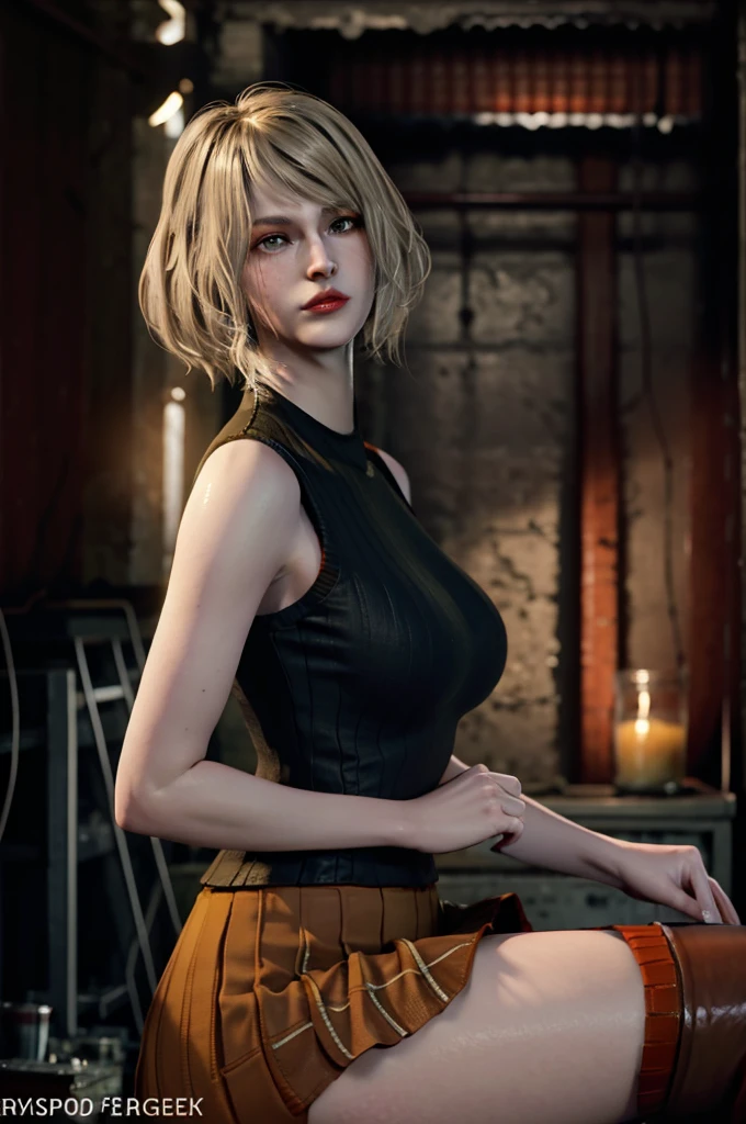 Ashley_BareShoulders_ownwaifu, 1girl, short hair, blonde hair, lips, bob cut, large breasts, blue eyes, freckles, bangs, nose, sleeveless, sleeveless turtleneck, skirt, jewelry, plaid skirt, bare shoulders, necklace, orange sweater, miniskirt, ribbed sweater, green skirt, sleeveless sweater, navel, scarf, pleated skirt, black pantyhose, turtleneck sweater, collarbone, medium hair, (masterpiece), (best quality), (highres), (extremely detailed CG unity 8k wallpaper), outdoors, day, cowboy shot, looking at viewer, solo, focused,