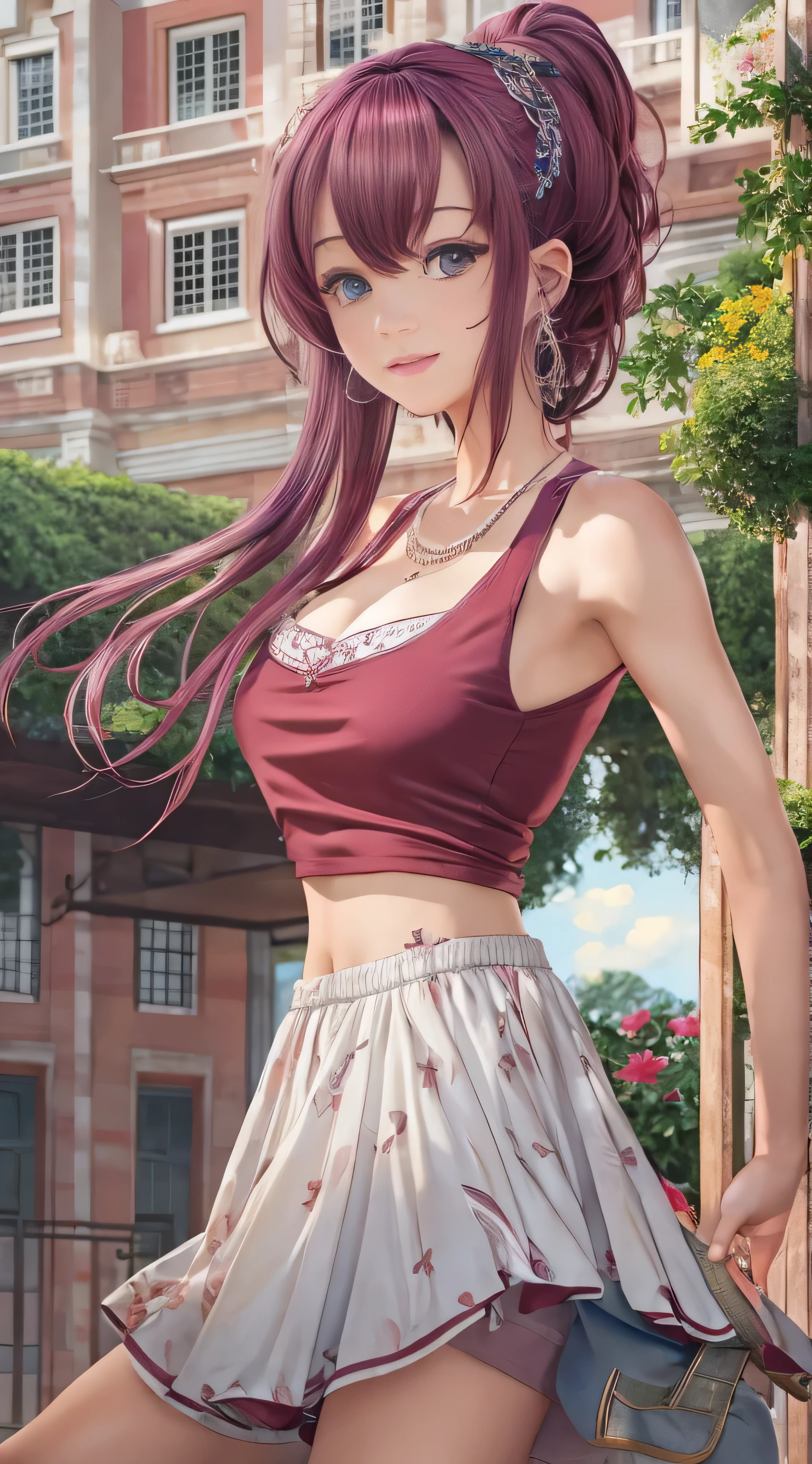 (( top quality, 8k, masterpiece: 1.3)), whole body,  focus clear: 1.2, EXCELLENT BEAUTY : 1.4,  face details, (( maroon hair in the garden)),  red tank top,  high definition face and skin texture ,  Details Eyes ,  double eyelids ,(The Fifth Elementのイメージ)Images of beautiful women dancing in the cityscape of。