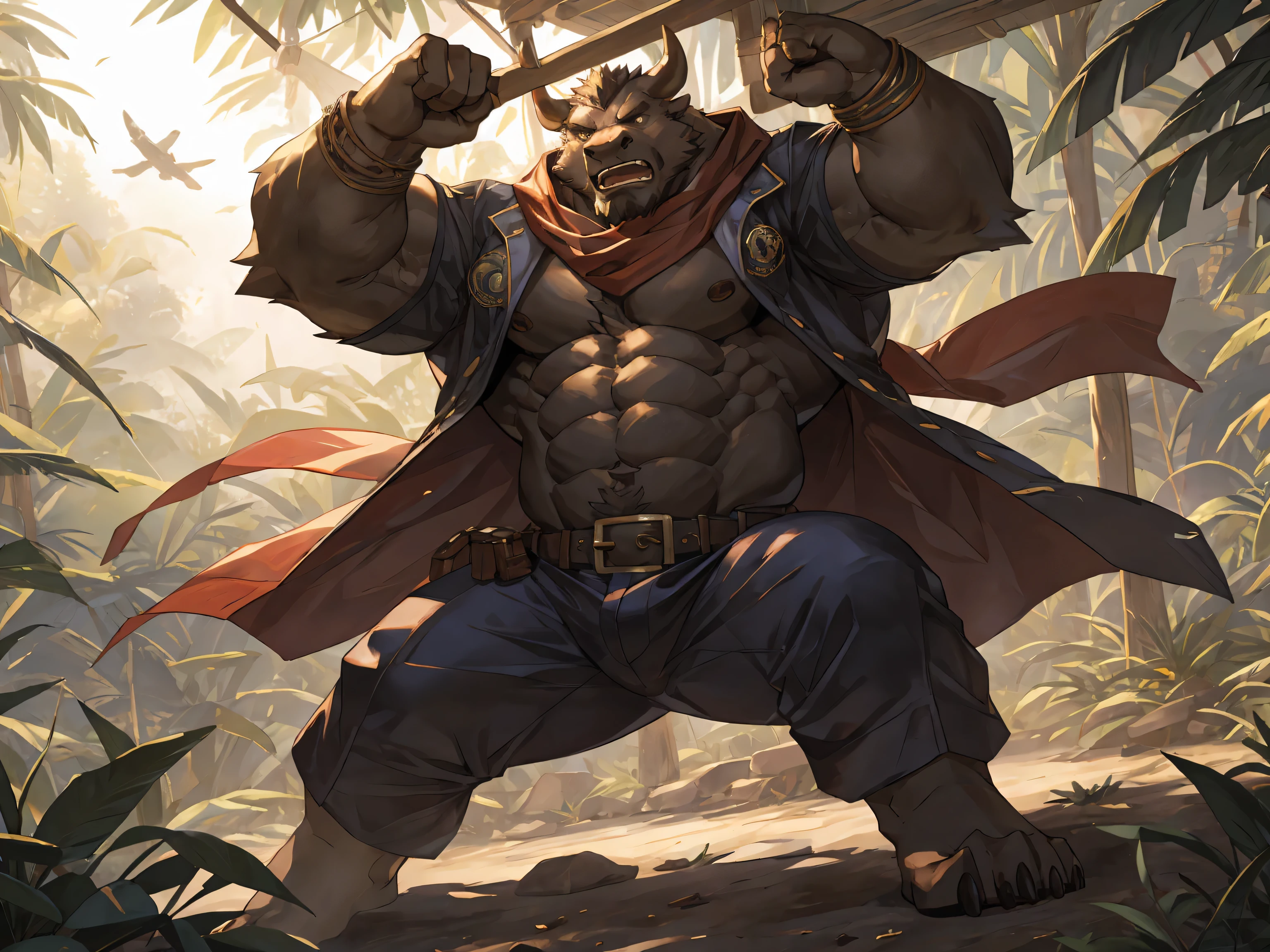 brown bull, red scarf, jungle, seasoned, Fierce expression, Cold expression, Dynamic Lighting, Vibrant colors, open shirt, tight-fitting adventurer clothes, masterpiece, (16K), HD, Various facial details, detailed background, very detailed, dynamic poses, Eyes details, high resolution, high quality, correct anatomy, pitching stance, solo, by lindong, by null-ghost