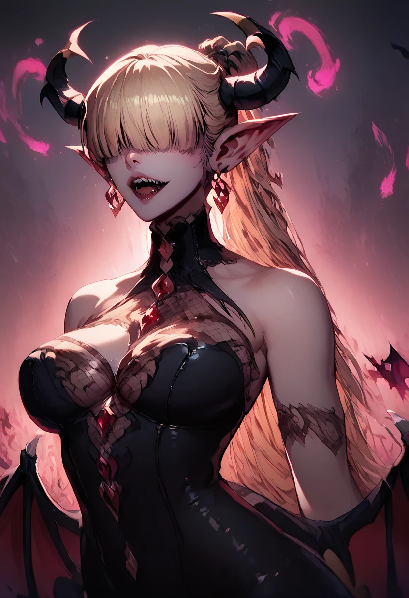 Rosto detalhado, grandes olhos, sharp teeth, hair over eyes, demon horns, demon wings, long hair, pointy ears, elf, long blonde hair, demon horns