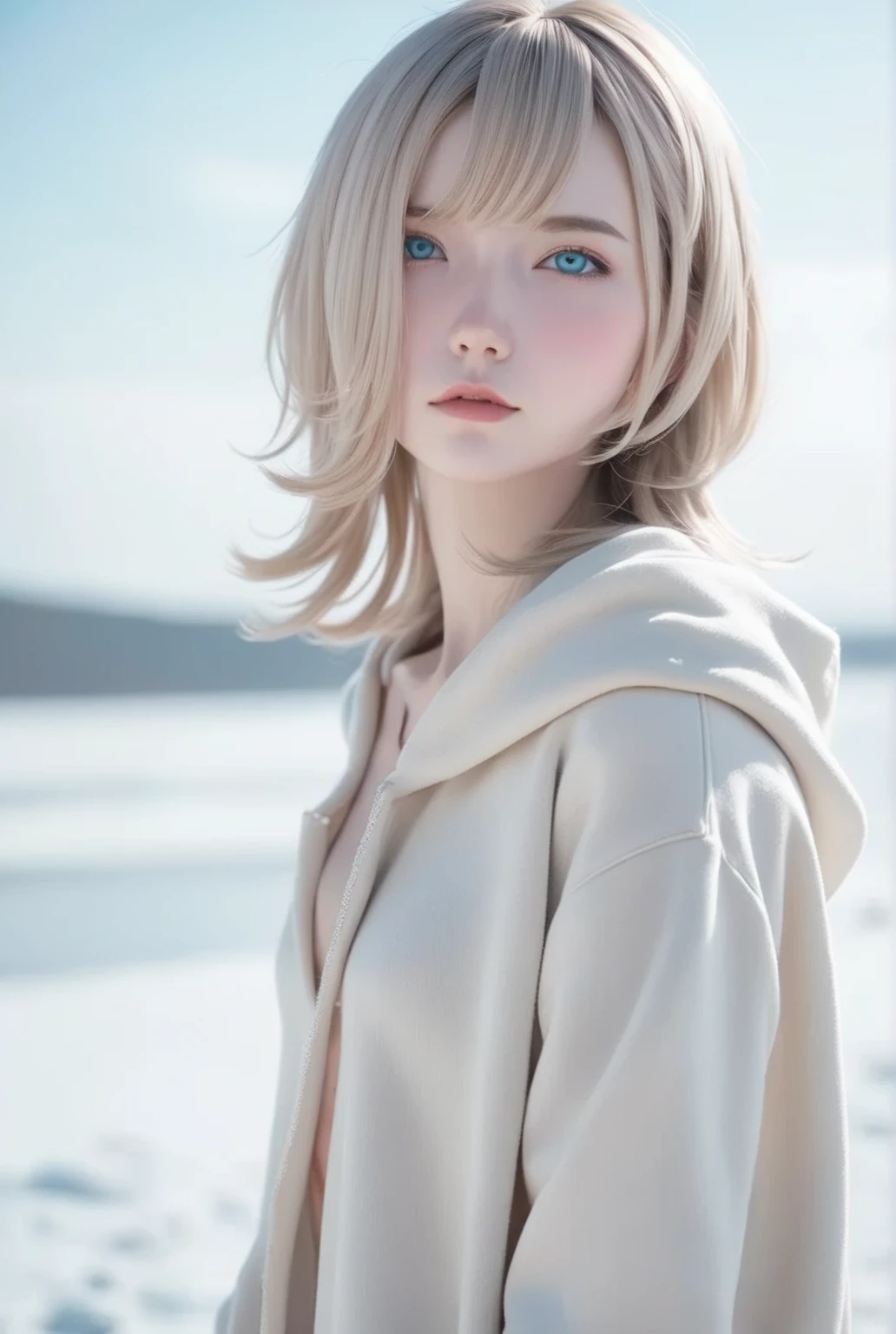 Blue-eyed blond girl standing on the beach in winter, Anime.  soft lighting , Anime girl in real life,  guweiz style artwork, photorealistic Anime girl render, beautiful Anime portrait,  soft portrait shot 8k , hyper realistic Anime, stunning Anime face portrait, White Hair Girl, realistic Anime 3 d style, Girl with short white hair