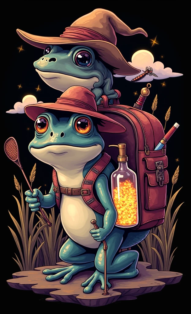  A wandering frog wearing a hat and pants .  He wears a backpack where he keeps a bottle full of fireflies ,  in his backpack he also keeps a fly swatter and an insecticide spray.  The frog is accompanied by a dragonfly . in the background the moon, faint clouds and reeds . (8K) (hdr)