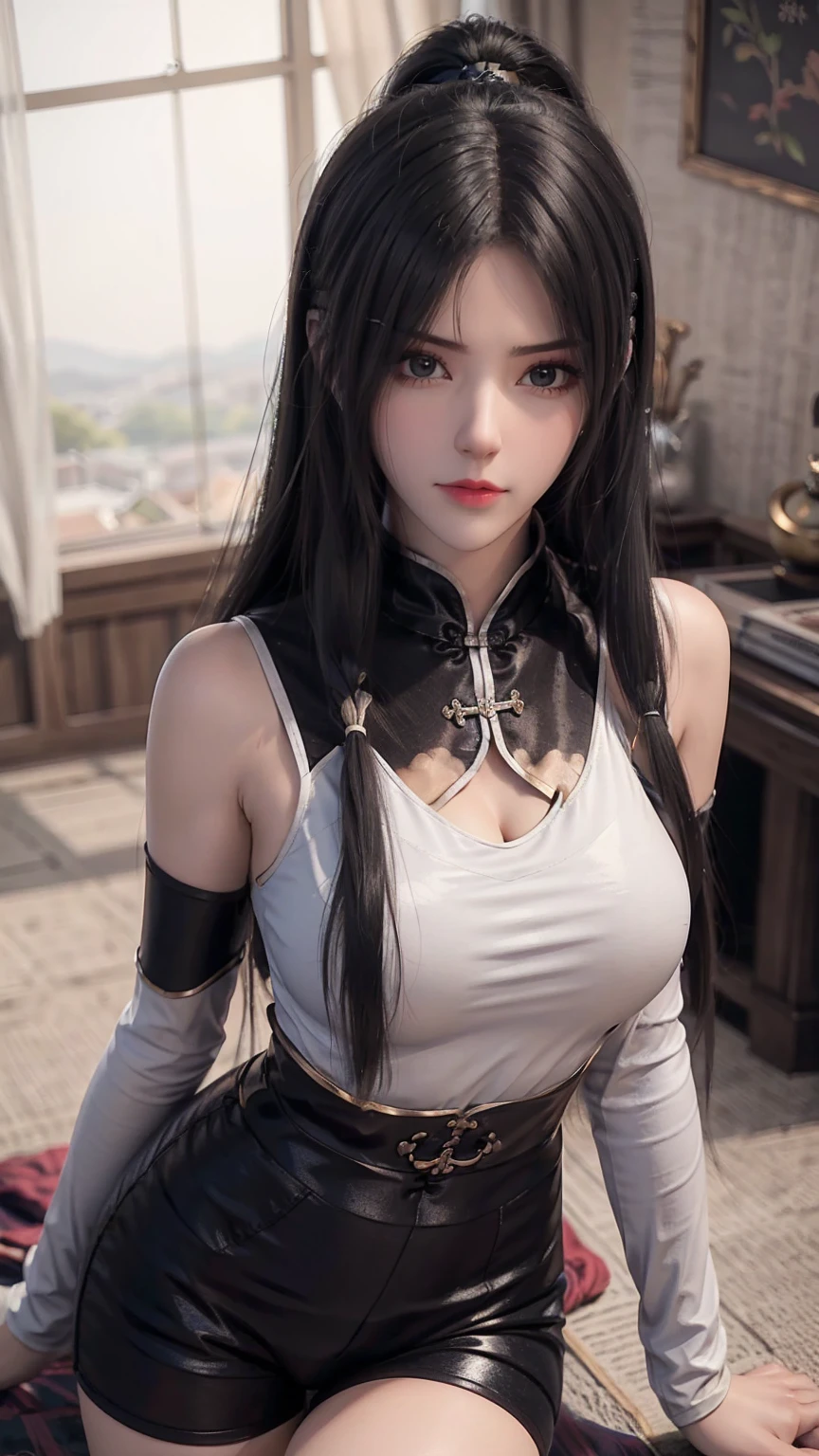 ，Close-up of miss wearing white mask,  Beautiful Figure Painting , Gu Weiss,   Gurwitz Style Artwork  , White-haired god, author：Yang Jie,  Epic Beautiful Figure Art ,   Extremely fine CG8K wallpaper  , author：Fan Qi, by Wuzhun Shifan,   It has a unique texture  , Single ponytail, insult, High Ponytail,  tall and big, Long Legs, (Sleeveless lace shirt), ( shorts), (stripe )), ((stripe )), Walk, Elegant, dignified, miss, Beautiful curves,  sweet smile , 细节感和层次感很强, color丰富绚丽,  has a unique texture , rich and colorful, color, vivid, Design Art, 16K,   super detailed , {{illustration}}, { Extremely refined}, {Exquisite surface treatment},   super detailed , Delicate and shining eyes, {{Light}}, 极致Light效果, Model:  illustrion , CFG size: 12, Laura: Bright texture (1.35),  high quality , masterpiece,  Delicate facial features ,  delicate hairstyle depicting , Detailed depiction of the eyes, masterpiece,  best quality, Light线追踪,   extremely detailed CG uniform 8k wallpaper , masterpiece,  best quality, ( 1 girl), 完美miss身材, (((Tight white T-shirt))),  ( exquisite face ),  Black Short Hair ,  tie up your hair , Light blue hairpin,  ( white skin), (Optimal Lighting), (  Super Intricate Details  ), 4K Unified, (  super detailed  CG),  showing off her white legs , , Hot Pants,  shorts,