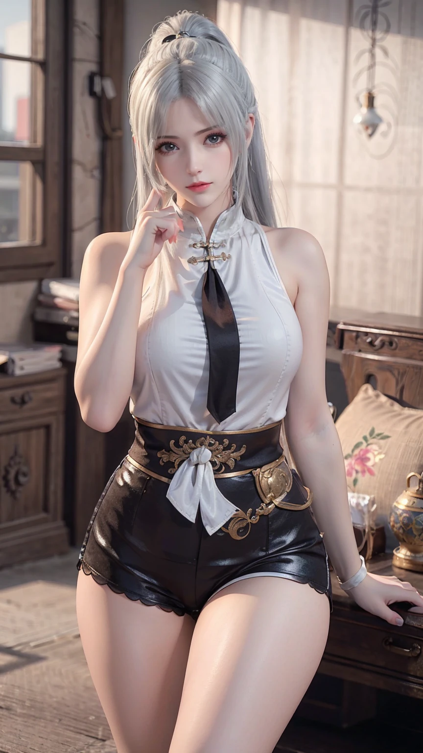 ，Close-up of miss wearing white mask,  Beautiful Figure Painting , Gu Weiss,   Gurwitz Style Artwork  , White-haired god, author：Yang Jie,  Epic Beautiful Figure Art ,   Extremely fine CG8K wallpaper  , author：Fan Qi, by Wuzhun Shifan,   It has a unique texture  , Single ponytail, insult, High Ponytail,  tall and big, Long Legs, (Sleeveless lace shirt), ( shorts), (stripe )), ((stripe )), Walk, Elegant, dignified, miss, Beautiful curves,  sweet smile , 细节感和层次感很强, color丰富绚丽,  has a unique texture , rich and colorful, color, vivid, Design Art, 16K,   super detailed , {{illustration}}, { Extremely refined}, {Exquisite surface treatment},   super detailed , Delicate and shining eyes, {{Light}}, 极致Light效果, Model:  illustrion , CFG size: 12, Laura: Bright texture (1.35),  high quality , masterpiece,  Delicate facial features ,  delicate hairstyle depicting , Detailed depiction of the eyes, masterpiece,  best quality, Light线追踪,   extremely detailed CG uniform 8k wallpaper , masterpiece,  best quality, ( 1 girl), 完美miss身材, (((Tight white T-shirt))),  ( exquisite face ),  Black Short Hair ,  tie up your hair , Light blue hairpin,  ( white skin), (Optimal Lighting), (  Super Intricate Details  ), 4K Unified, (  super detailed  CG),  showing off her white legs , , Hot Pants,  shorts,