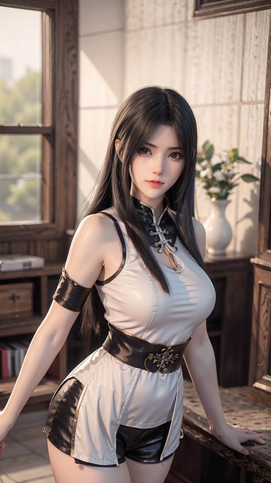 ，Close-up of miss wearing white mask,  Beautiful Figure Painting , Gu Weiss,   Gurwitz Style Artwork  , White-haired god, author：Yang Jie,  Epic Beautiful Figure Art ,   Extremely fine CG8K wallpaper  , author：Fan Qi, by Wuzhun Shifan,   It has a unique texture  , Single ponytail, insult, High Ponytail,  tall and big, Long Legs, (Sleeveless lace shirt), ( shorts), (stripe )), ((stripe )), Walk, Elegant, dignified, miss, Beautiful curves,  sweet smile , 细节感和层次感很强, color丰富绚丽,  has a unique texture , rich and colorful, color, vivid, Design Art, 16K,   super detailed , {{illustration}}, { Extremely refined}, {Exquisite surface treatment},   super detailed , Delicate and shining eyes, {{Light}}, 极致Light效果, Model:  illustrion , CFG size: 12, Laura: Bright texture (1.35),  high quality , masterpiece,  Delicate facial features ,  delicate hairstyle depicting , Detailed depiction of the eyes, masterpiece,  best quality, Light线追踪,   extremely detailed CG uniform 8k wallpaper , masterpiece,  best quality, ( 1 girl), 完美miss身材, (((Tight white T-shirt))),  ( exquisite face ),  Black Short Hair ,  tie up your hair , Light blue hairpin,  ( white skin), (Optimal Lighting), (  Super Intricate Details  ), 4K Unified, (  super detailed  CG),  showing off her white legs , , Hot Pants,  shorts,