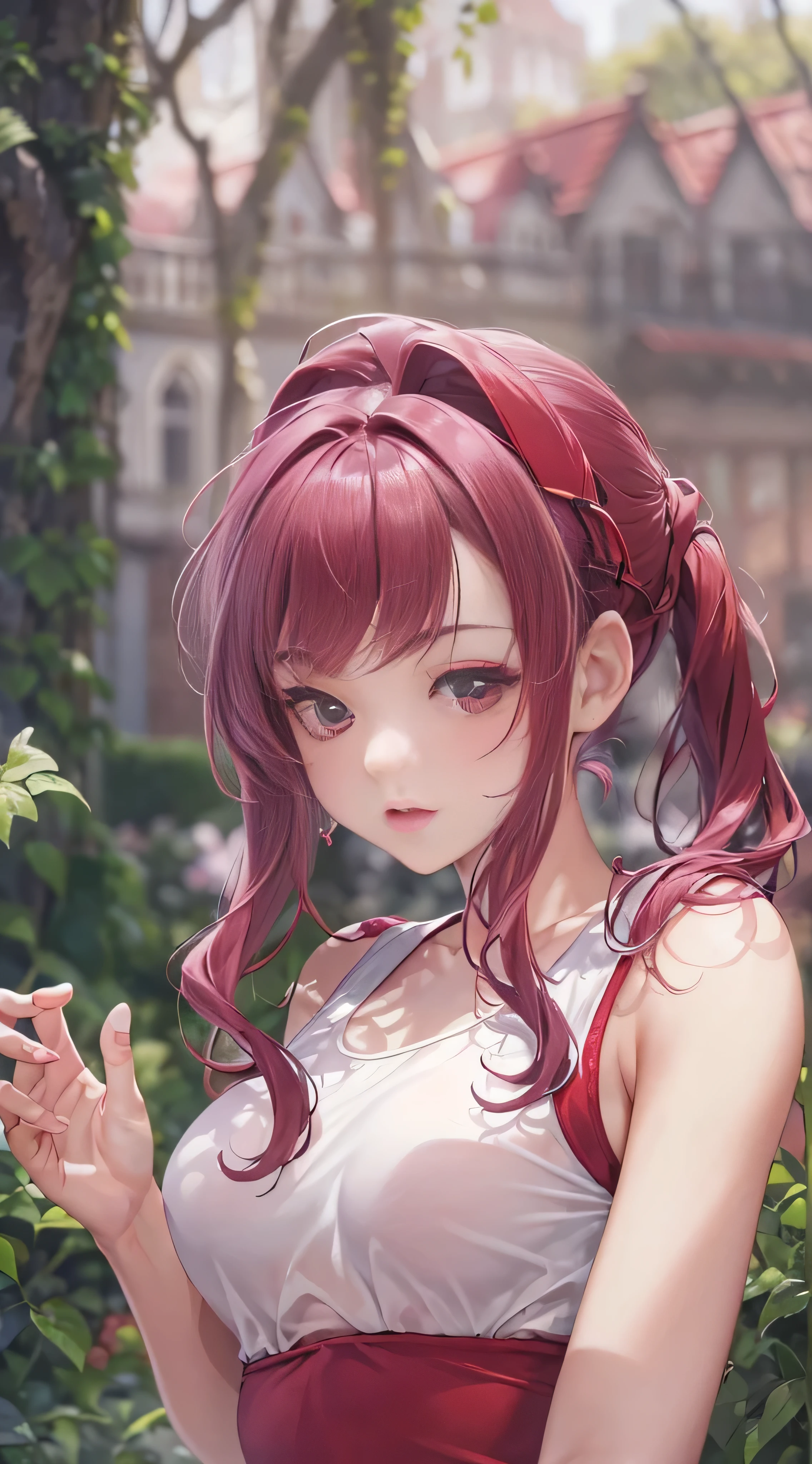 ( top quality, 8k, masterpiece: 1.3)), whole body,  focus clear: 1.2, EXCELLENT BEAUTY : 1.4,  face details, (( maroon hair in the garden)),  red tank top,  high definition face and skin texture ,  Details Eyes ,  double eyelids ,(The Fifth Elementのイメージ)Images of beautiful women dancing in the cityscape of。