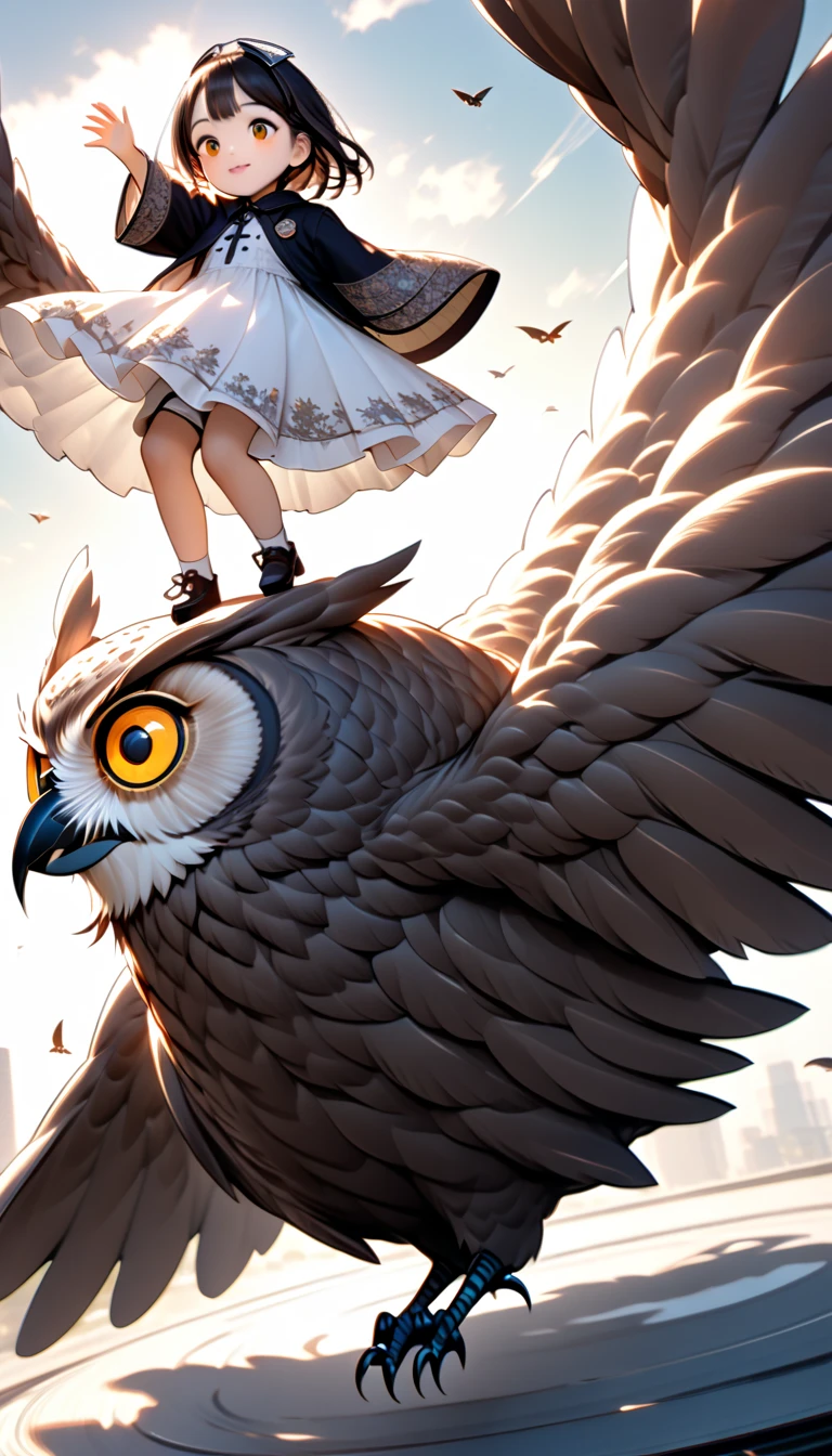 Girl riding a giant owl rapidly descending , Hzk,   Ultra Miniature Girl  , 