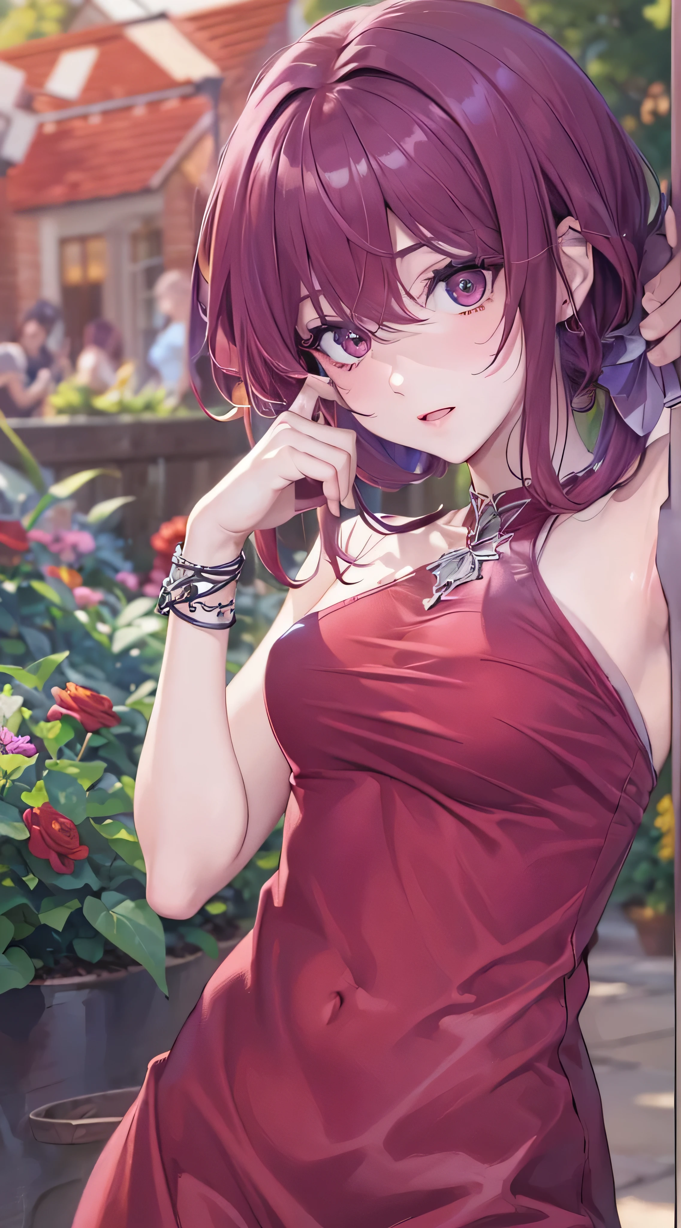 ( top quality, 8k, masterpiece: 1.3)), whole body,  focus clear: 1.2, EXCELLENT BEAUTY : 1.4,  face details, (( maroon hair in the garden)),  red tank top,  high definition face and skin texture ,  Details Eyes ,  double eyelids ,(The Fifth Elementのイメージ)Images of beautiful women dancing in the cityscape of。