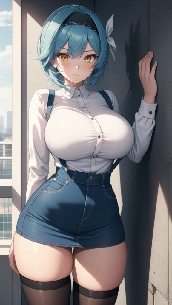 absurd,  High Resolution,  Height Detailed , ( official art ,  are beautiful and aesthetic :1.2),  Super detailed ,  Beautiful Face , ((成熟的woman)), woman, EU , black Hairband, Blue Hair, Hair accessories, Hairband, Short hair,  yellow eyes ,  blush,  Loving Smile , Wide hips,  thick thighs , Rift, ((Long-sleeved shirt)) and ((High waist skirt)), Overalls,  black stockings , (( Seductive Posture )), (Apartment balcony ), Dynamic Lighting, Dynamic Shadows, ((fit)), (( against the wall ))，Huge breasts