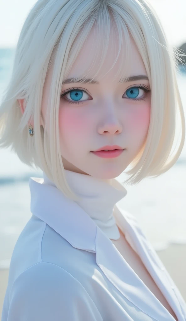 Blue-eyed blond girl standing on the beach in winter, Anime.  soft lighting , Anime girl in real life,  guweiz style artwork, photorealistic Anime girl render, beautiful Anime portrait,  soft portrait shot 8k , hyper realistic Anime, stunning Anime face portrait, White Hair Girl, realistic Anime 3 d style, Girl with short white hair